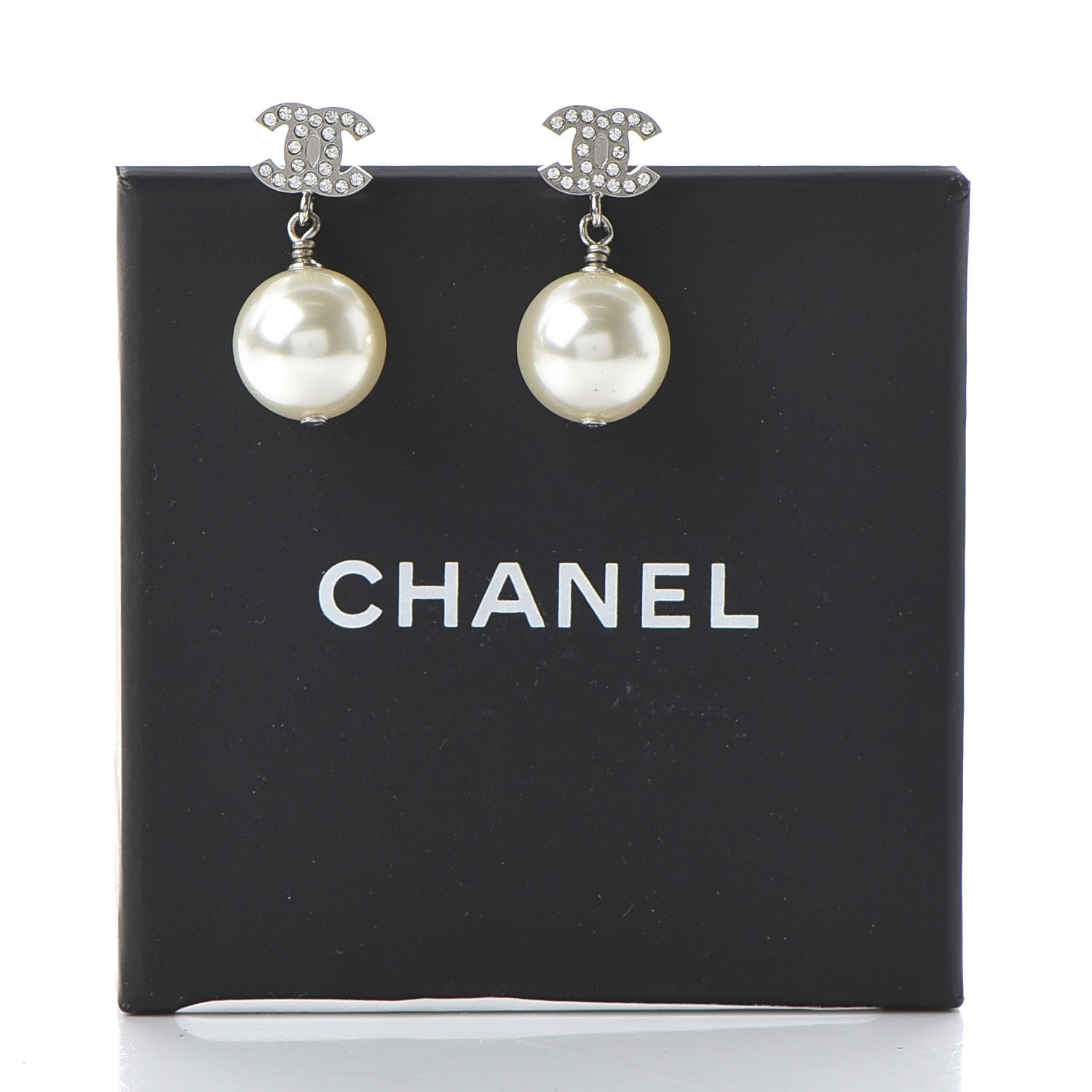 Chanel Crystal Pearl CC Drop Earrings Silver 5 of 5
