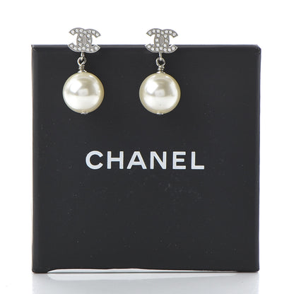 Chanel Crystal Pearl CC Drop Earrings Silver 5 of 5