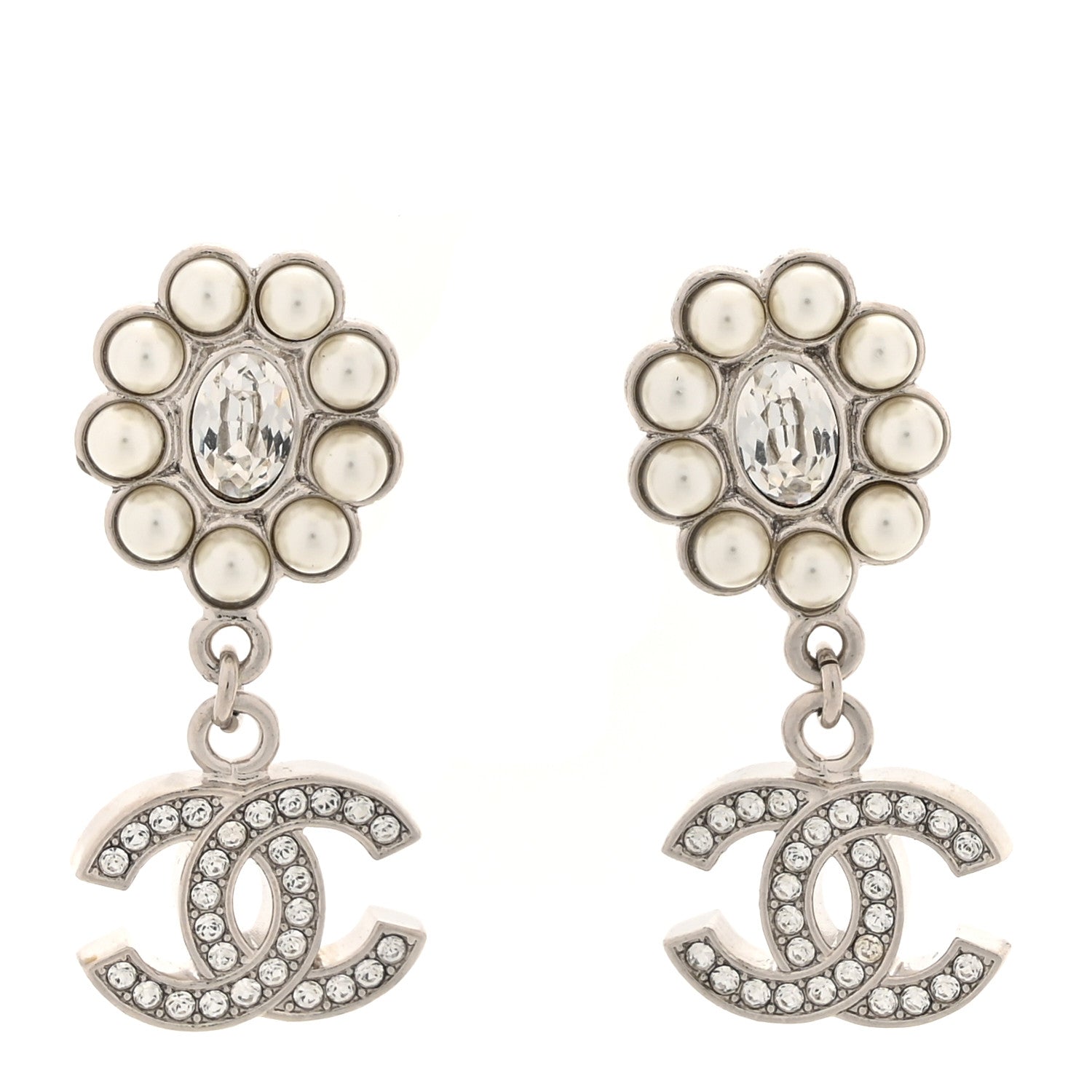 Chanel Crystal Pearl Coco Mark CC Drop Earrings Silver 1 of 6