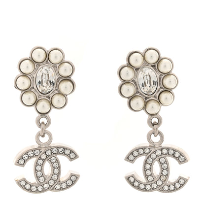 Chanel Crystal Pearl Coco Mark CC Drop Earrings Silver 1 of 6