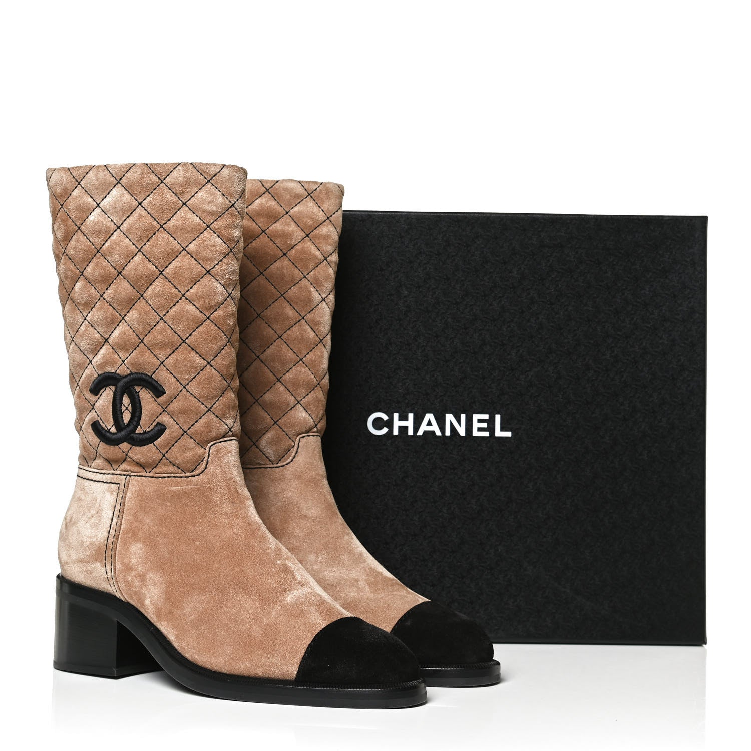 Chanel Suede Quilted CC High Boots 38 Dark Beige Black 11 of 11