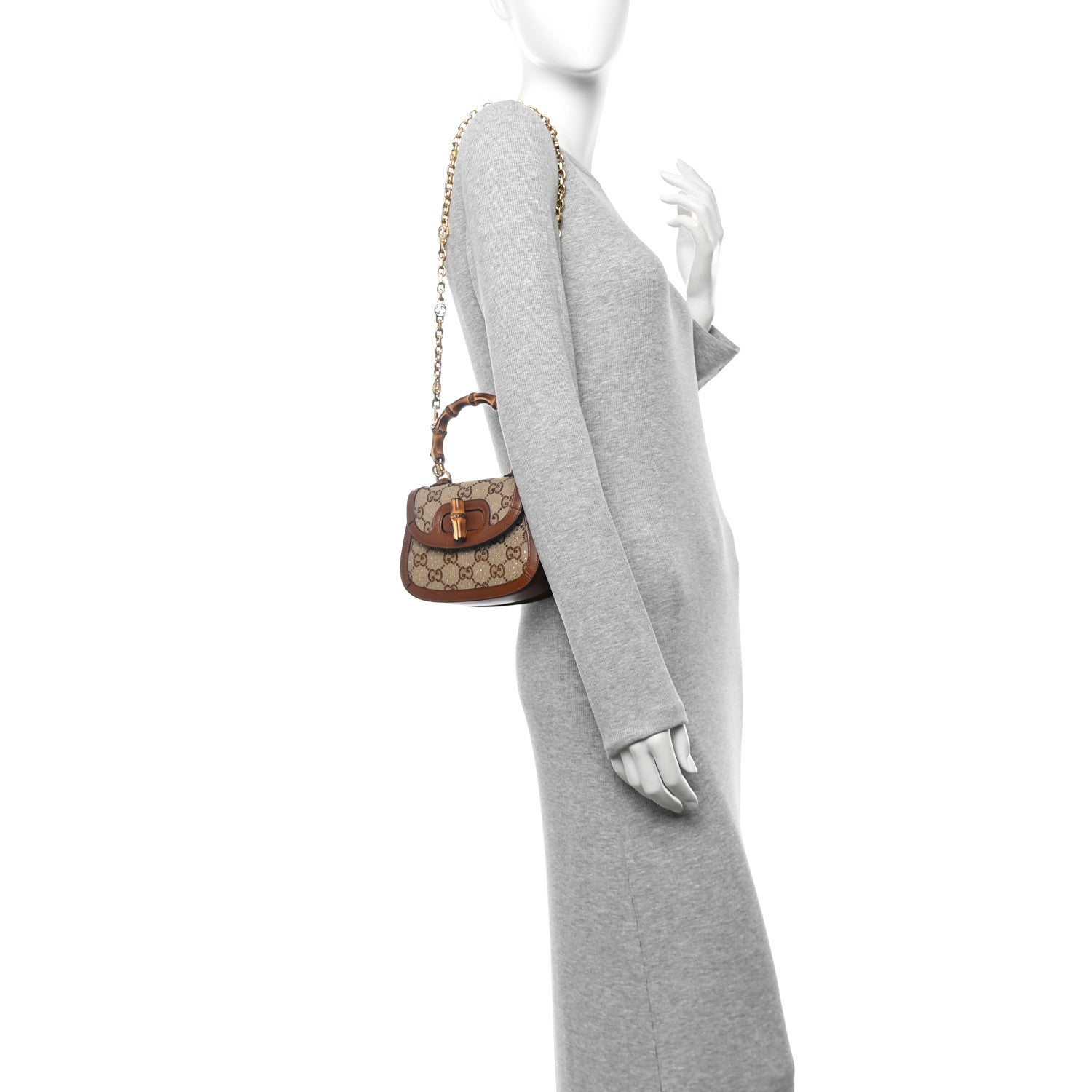 Gucci New Canvas Charisma Calfskin Crystal GG Monogram Small Bamboo 1947 Top Handle Bag Camel Ebony 2 of 10