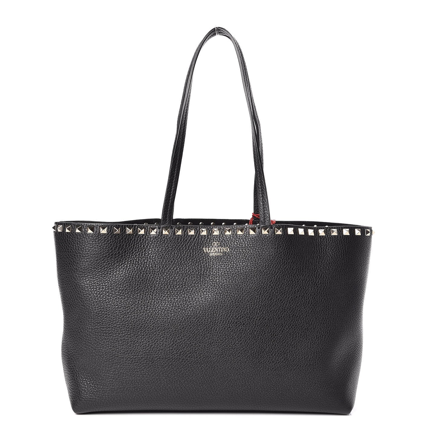 Grained Calfskin Small Rockstud Shoulder Tote Black