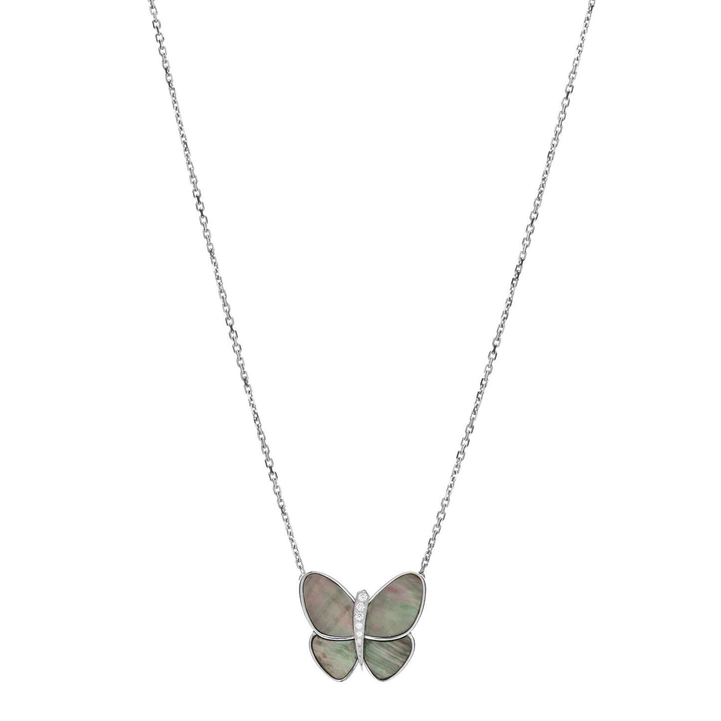 18K White Gold Grey Mother of Pearl Diamond Butterfly Pendant Necklace