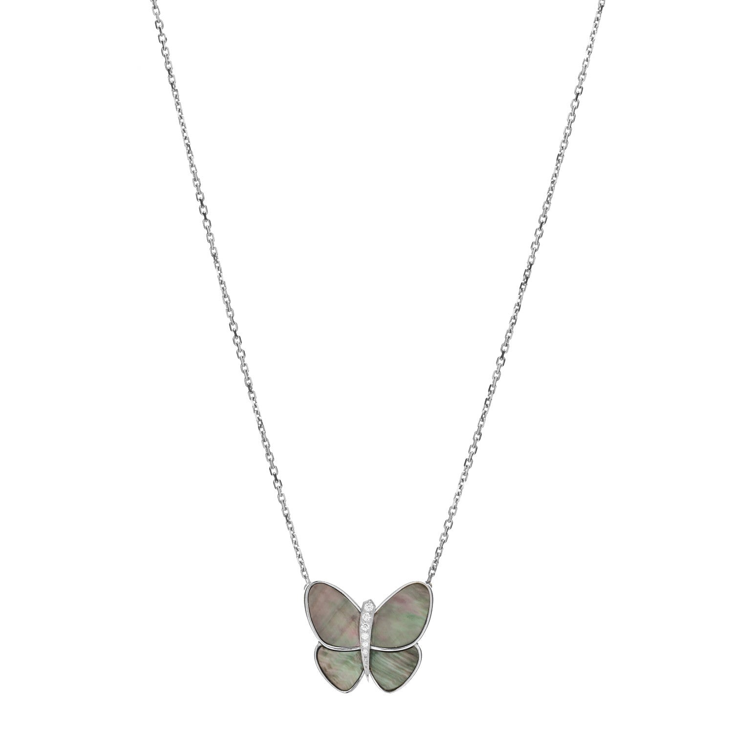 Van Cleef & Arpels 18K White Gold Grey Mother of Pearl Diamond Butterfly Pendant Necklace 1 of 3