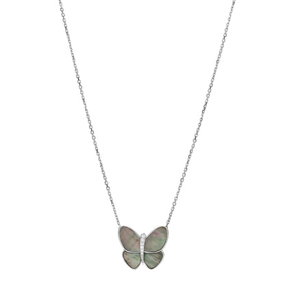 Van Cleef & Arpels 18K White Gold Grey Mother of Pearl Diamond Butterfly Pendant Necklace 1 of 3