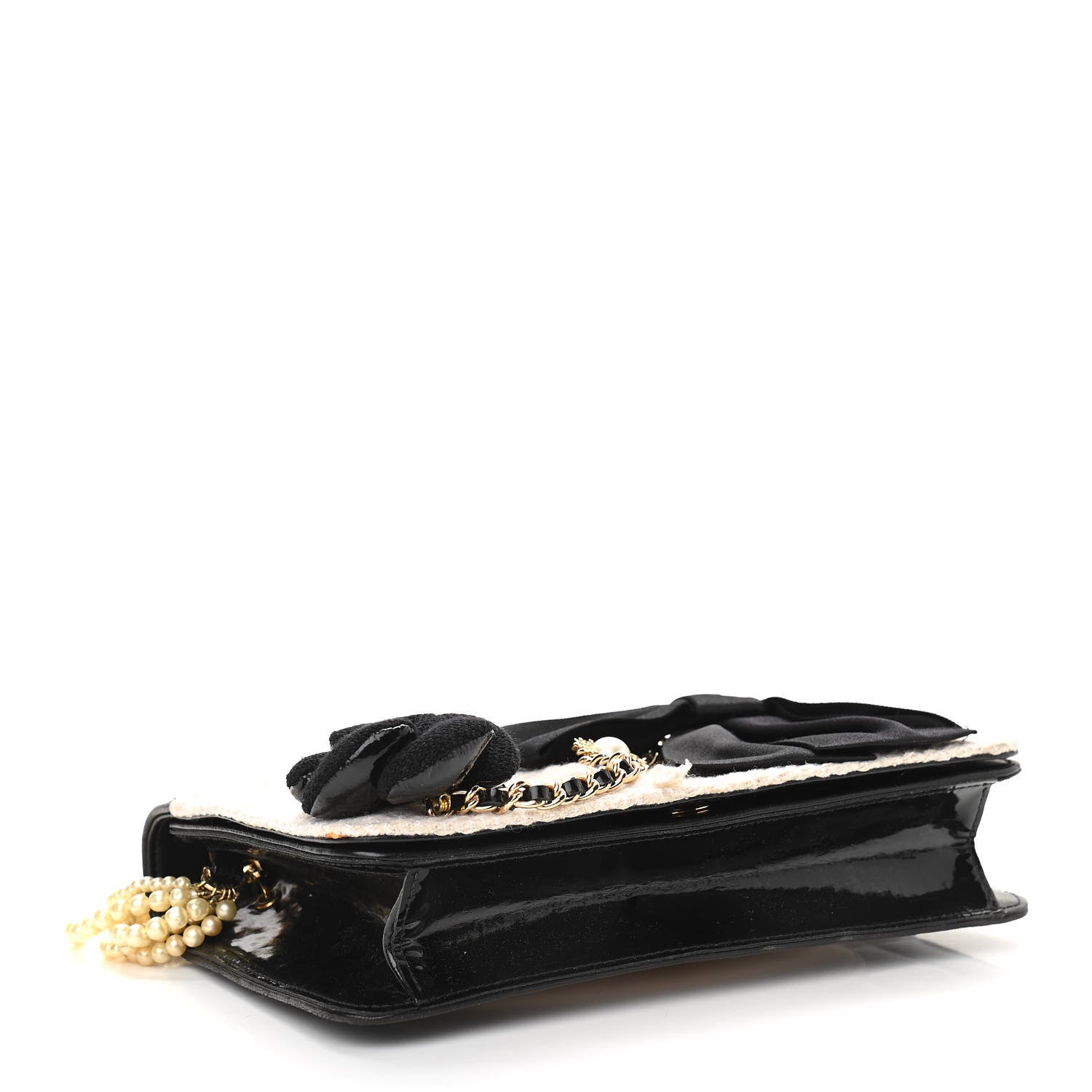Chanel Tweed Jersey Lambskin Camellia Flap Chocolate Bar Pearl Chain Flap Black Beige 4 of 12