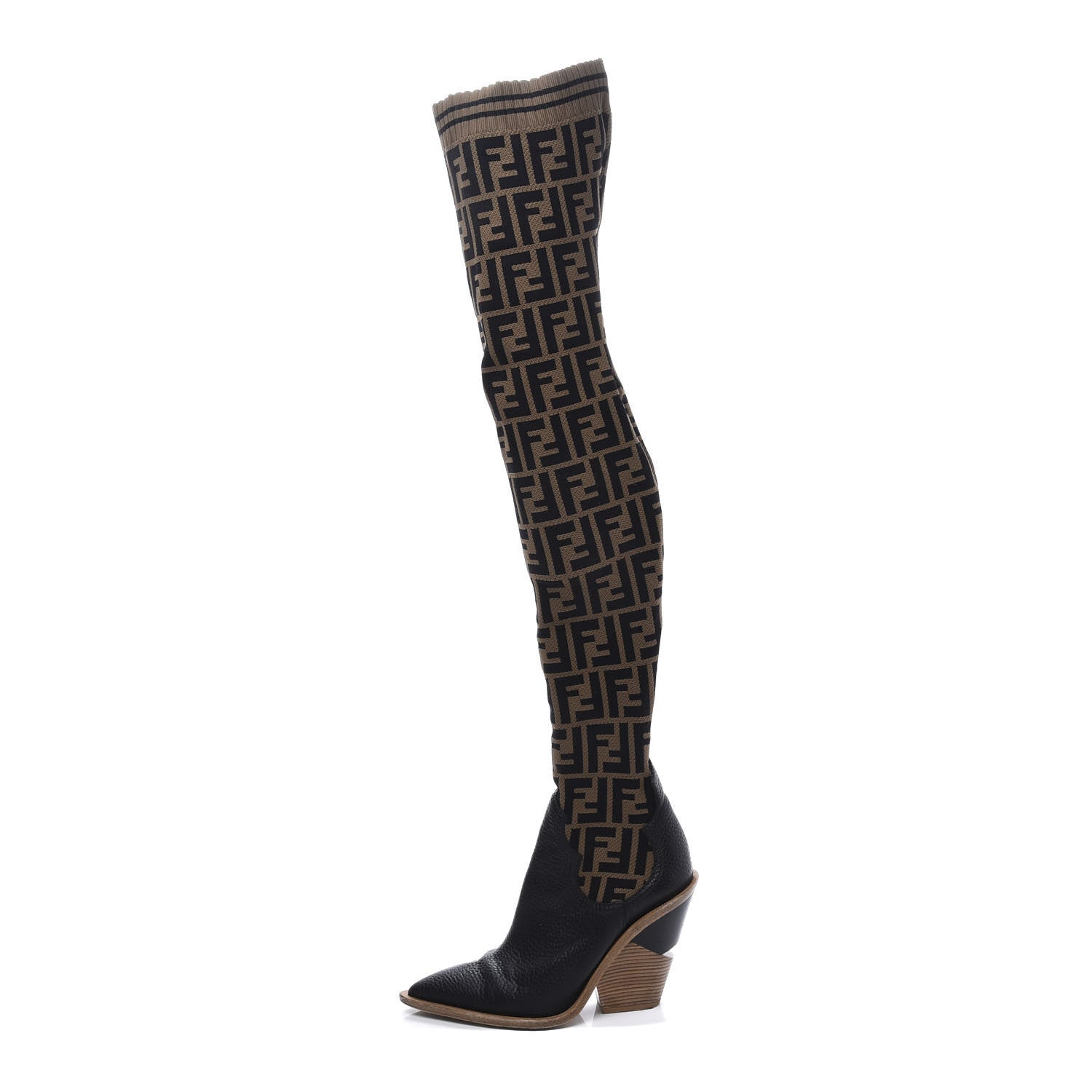 Fendi Stretch Fabric FF Cutwalk Thigh High Sock Boots 37 Tobacco Black 1 of 7