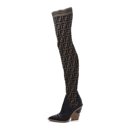 Fendi Stretch Fabric FF Cutwalk Thigh High Sock Boots 37 Tobacco Black 1 of 7