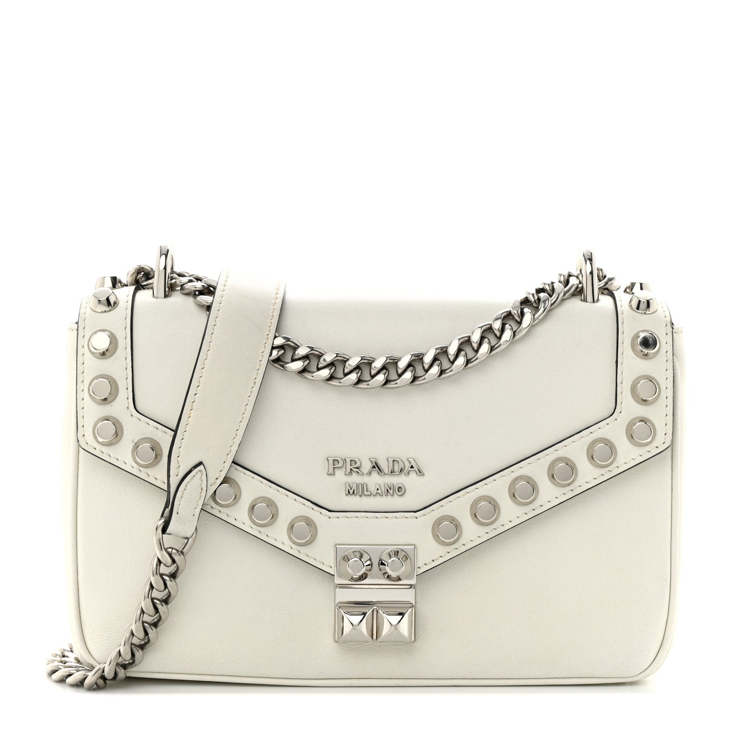 Prada Vitello Calfskin Studded Shoulder Bag White 1 of 16