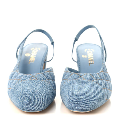 Chanel Printed Denim Cap Toe CC Slingback Pumps 39 Light Blue 3 of 10
