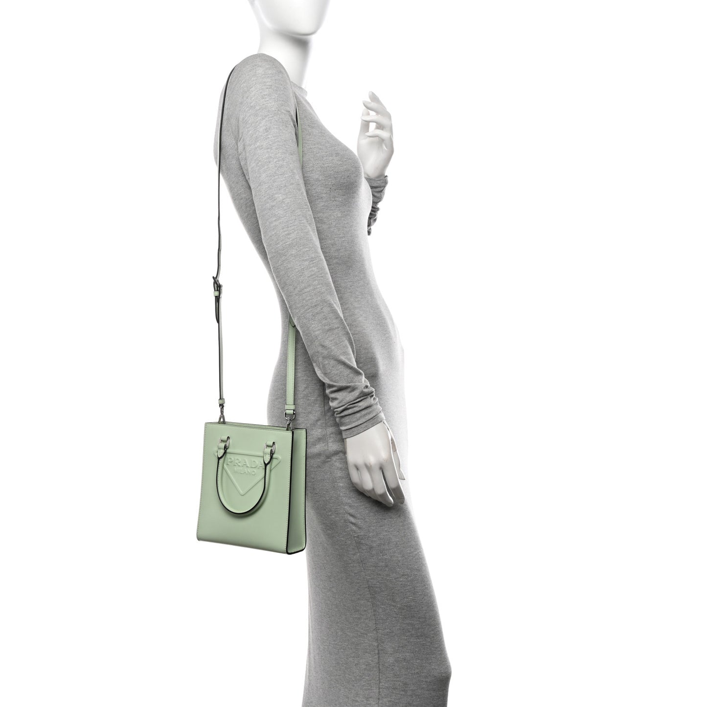 Soft Calfskin Triangle Logo Embossed Small Double Handle Crossbody Tote Acquamarina