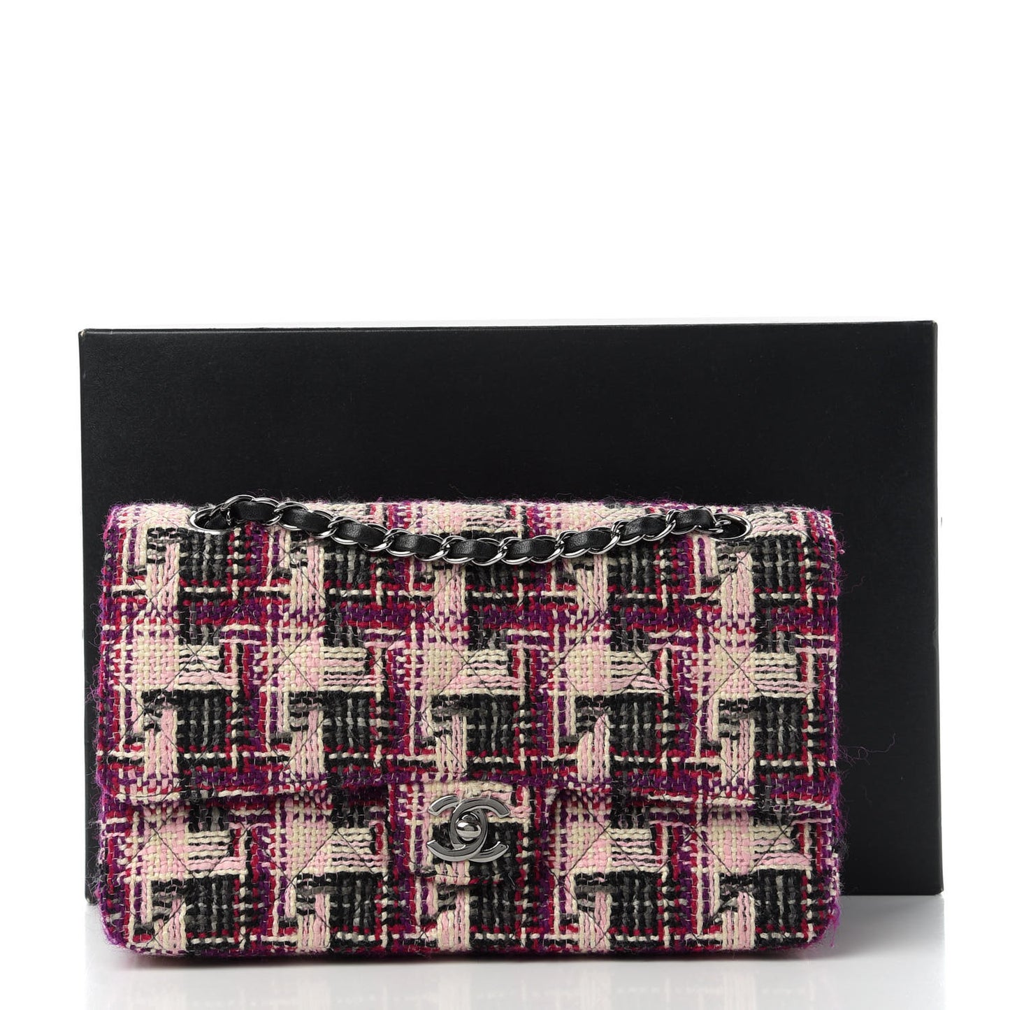 Tweed Quilted Medium Double Flap Pink Black
