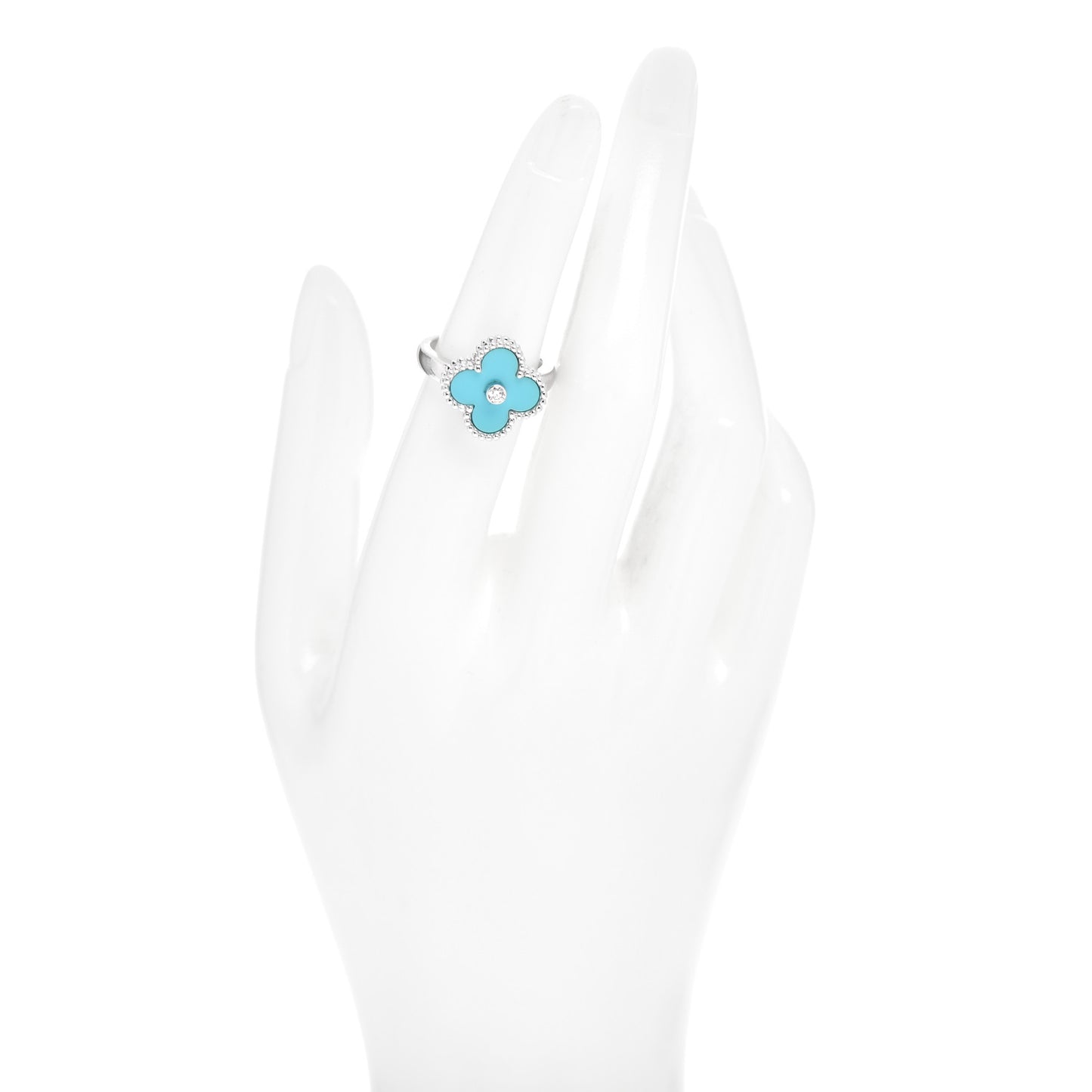 18K White Gold Diamond Turquoise Vintage Alhambra Ring 51 5.75
