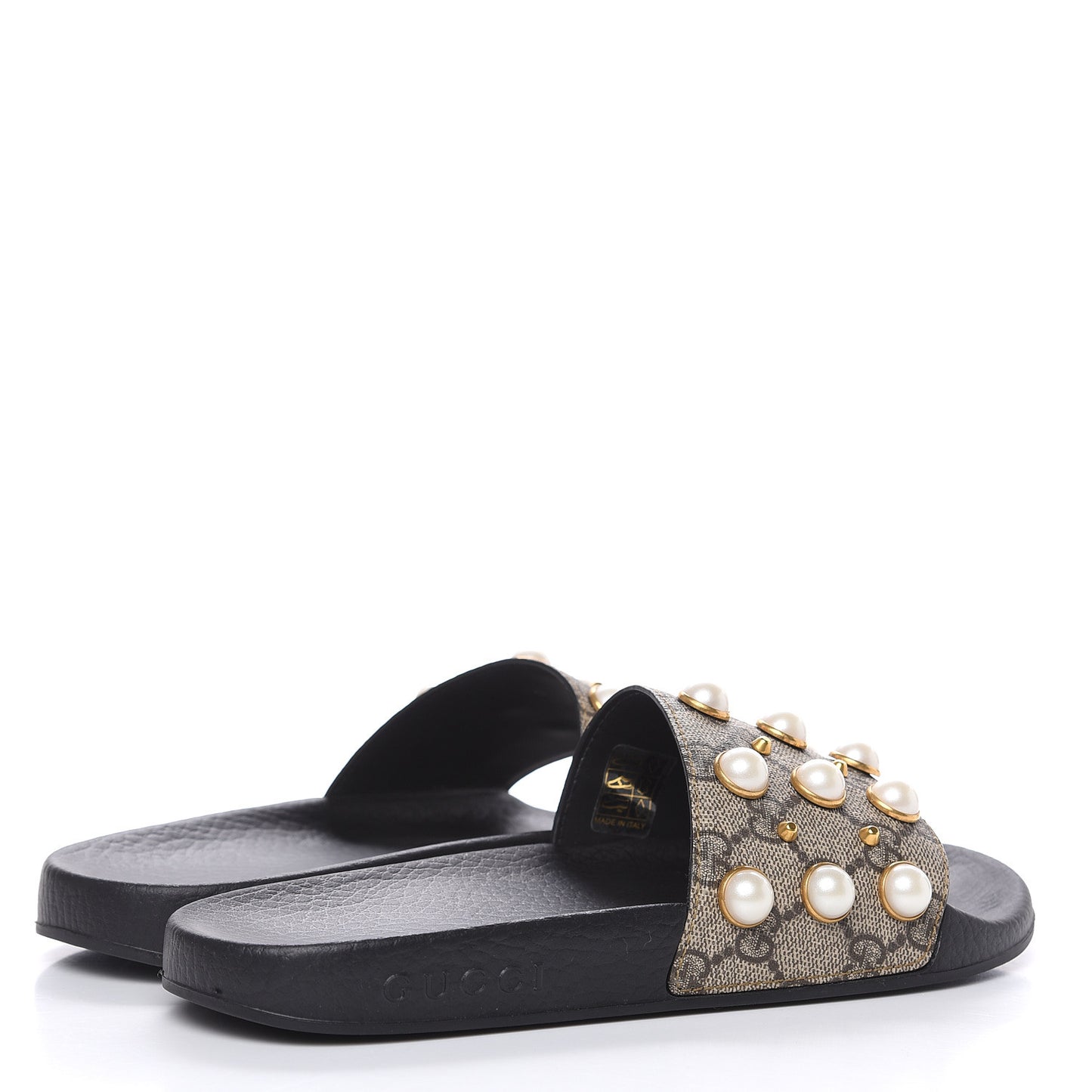 GG Supreme Monogram Pearls Slide Sandals 37 Beige