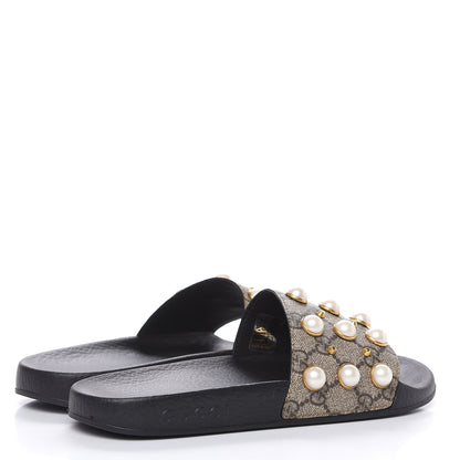 Gucci GG Supreme Monogram Pearls Slide Sandals 37 Beige 4 of 8