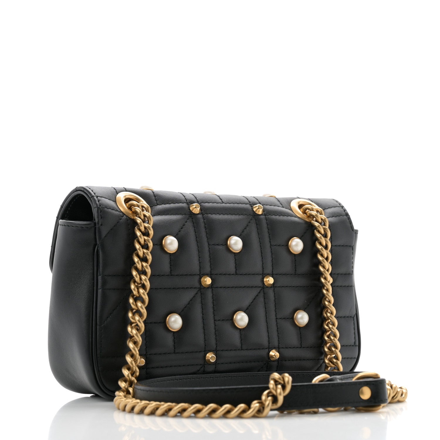 Gucci Calfskin Matelasse Studded Mini Pearly GG Marmont Shoulder Bag Black 3 of 12