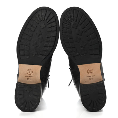 Chanel Sheepskin Quilted CC Tall Lace Up Combat Boots 39.5 Black 5 of 10