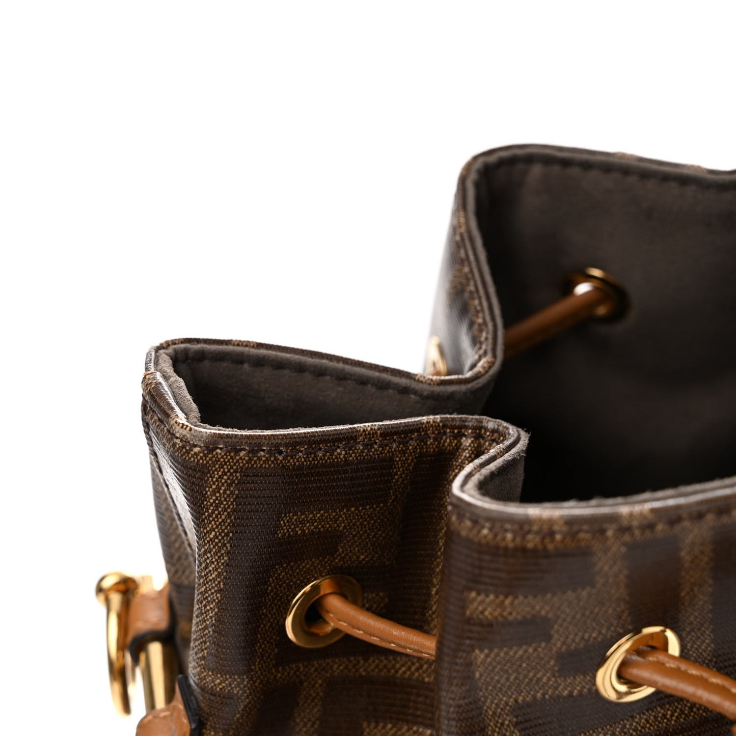 Glazed Fabric Vitello Grace F is Fendi FF 1974 Stamp Patch Grande Mon Tresor Bucket Bag Mogano Panna Nocciola