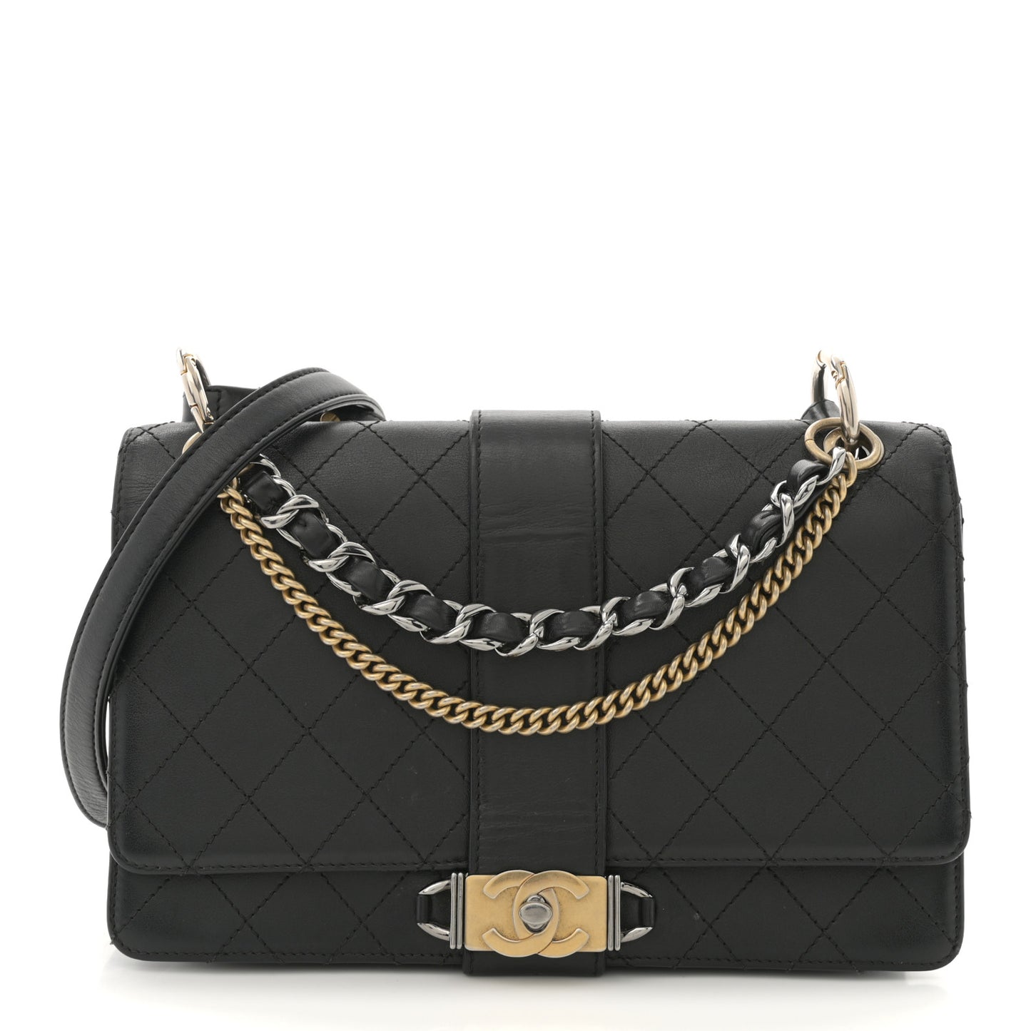 Calfskin Stitched Multi Chain Flap Bag Black