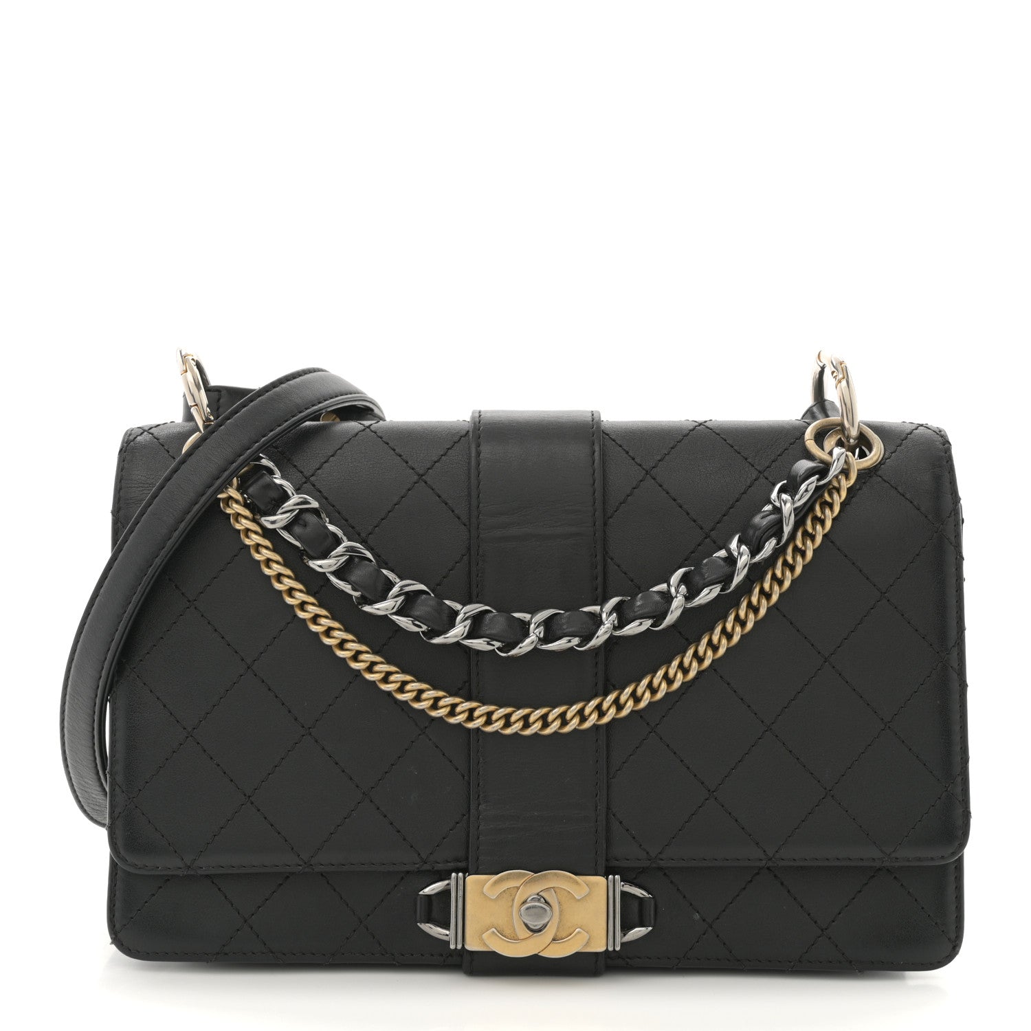 Chanel Calfskin Stitched Multi Chain Flap Bag Black 1 of 12