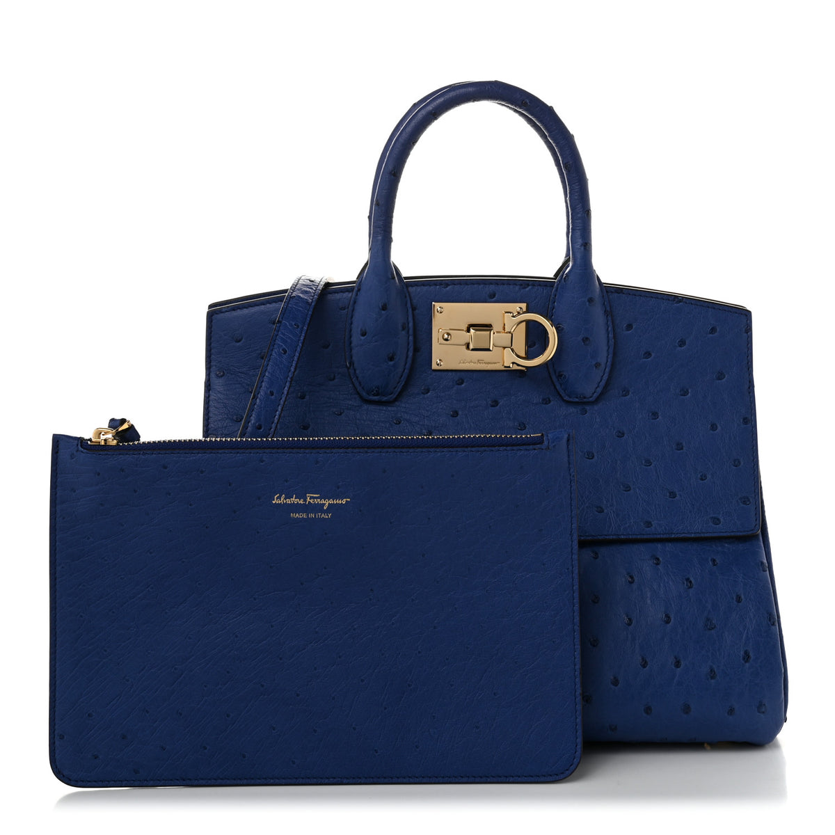 Salvatore Ferragamo Ostritch Medium Studio Top Handle Bag  Admiral Blue 3 of 10