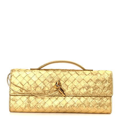 Bottega Veneta Metallic Satin Lambskin Intrecciato Long Andiamo Top Handle Clutch Gold 1 of 8