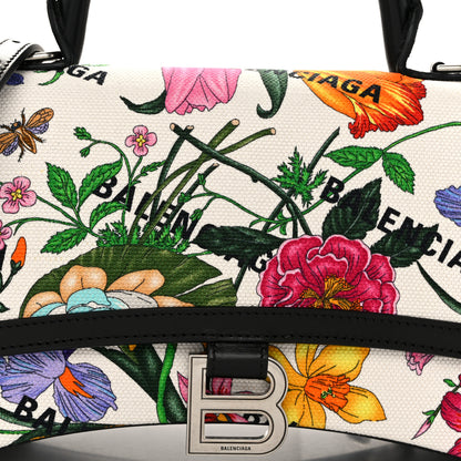 Balenciaga X GUCCI Canvas Boarded Plutone Calfskin Flora Logo Print Small Hourglass Top Handle Bag White Multicolor Black 7 of 9