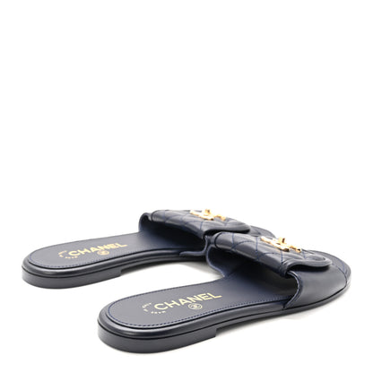 Chanel Lambskin Quilted Turnlock Flat Mules 38.5 Navy 5 of 9