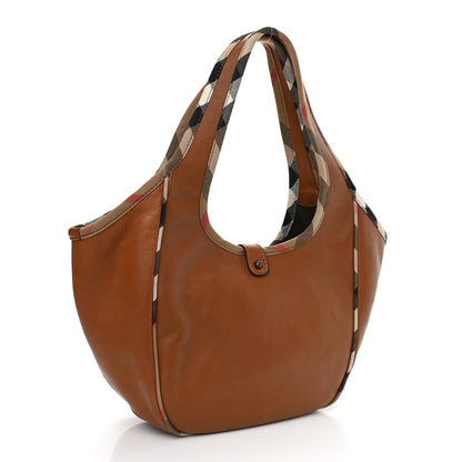 Burberry Calfskin Check Trim Hobo Brown 3 of 12