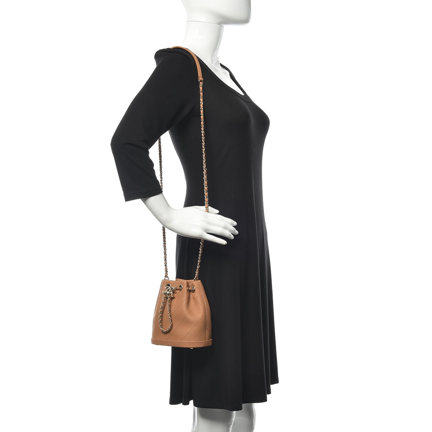 Calfskin Stitched Chain Bucket Bag Beige