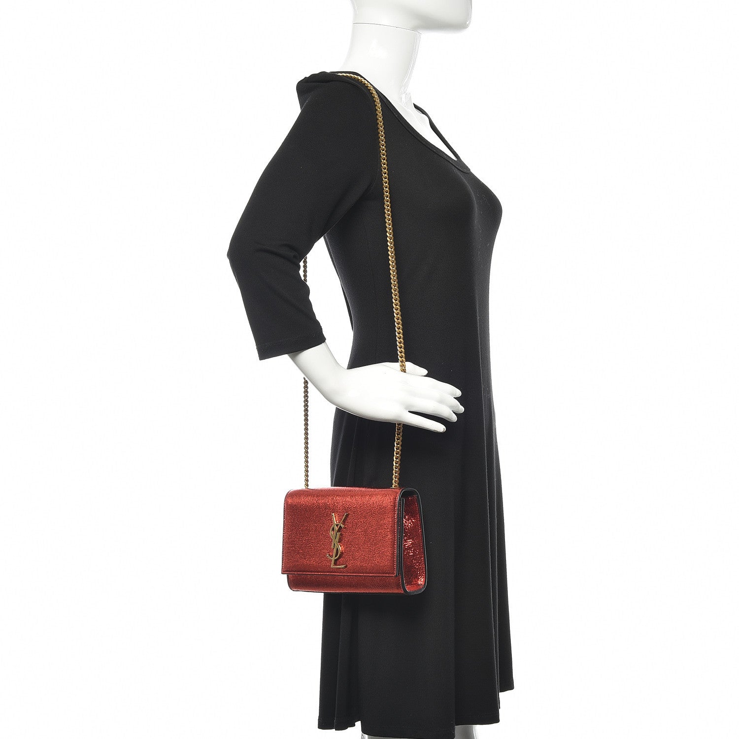 Saint Laurent Metallic Calfskin Small Classic Monogram Kate Satchel Red 2 of 9