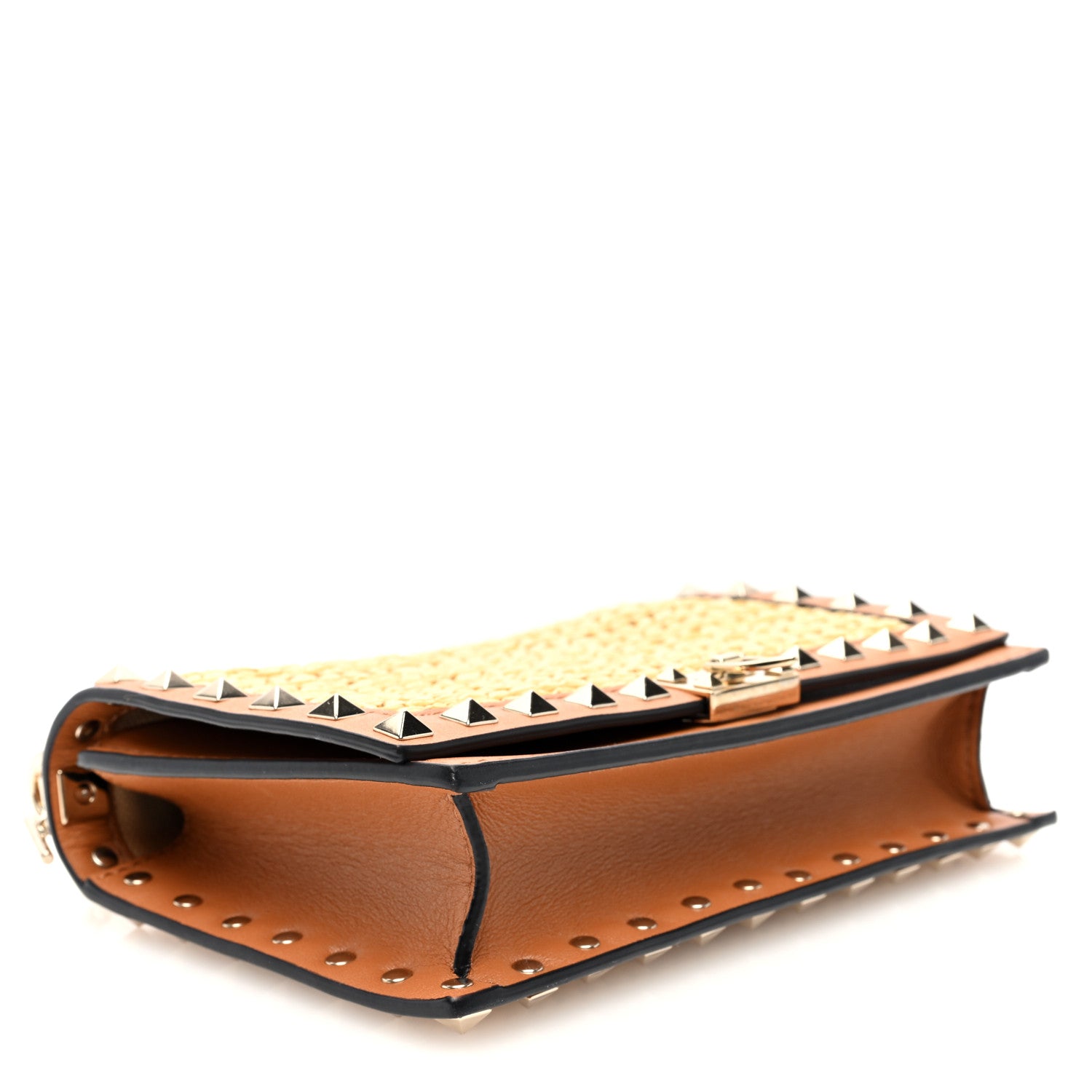 Valentino Garavani Raffia Calfskin Rockstud Wallet On Chain Pouch Natural Almond Beige 4 of 9