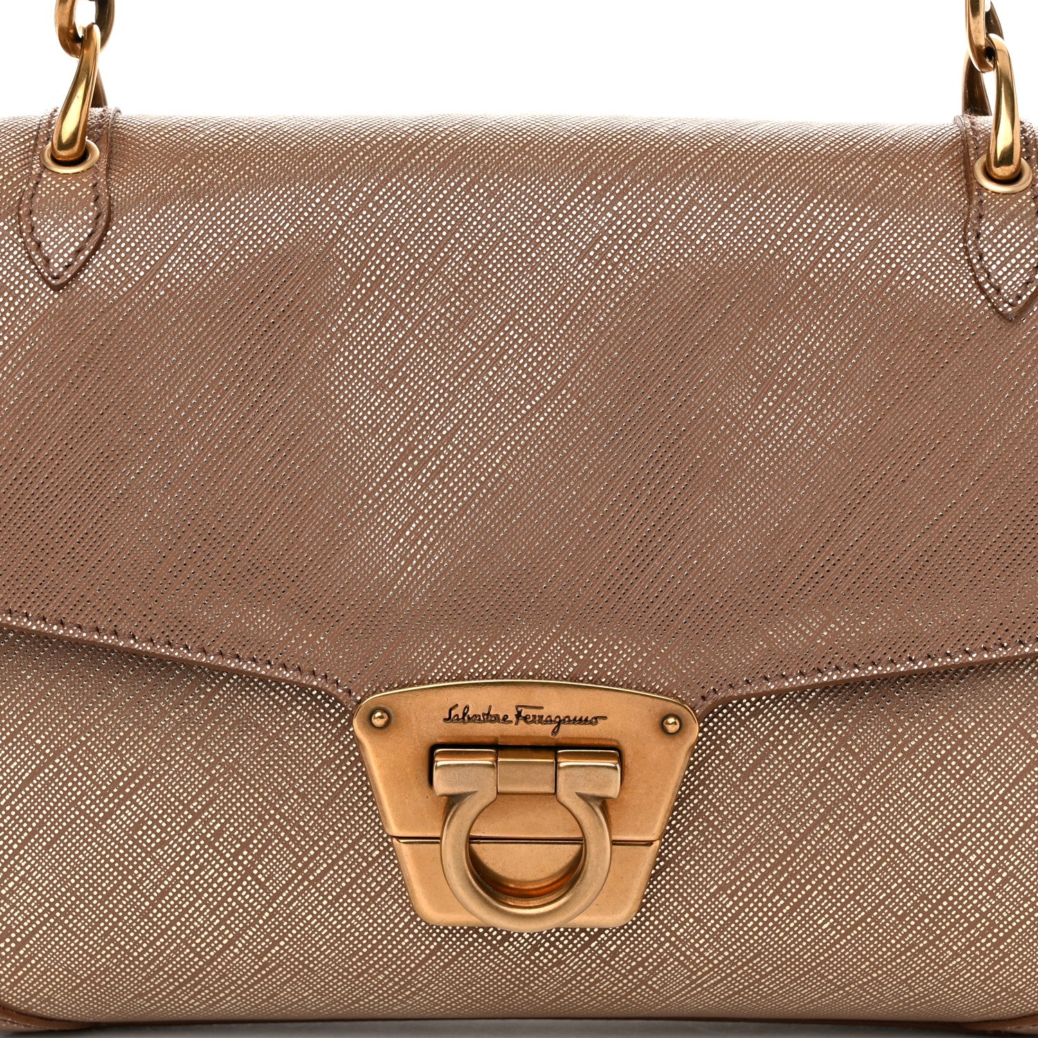 Salvatore Ferragamo Metallic Hammered Calfskin Gancini Chain Shoulder Bag Brown 8 of 11