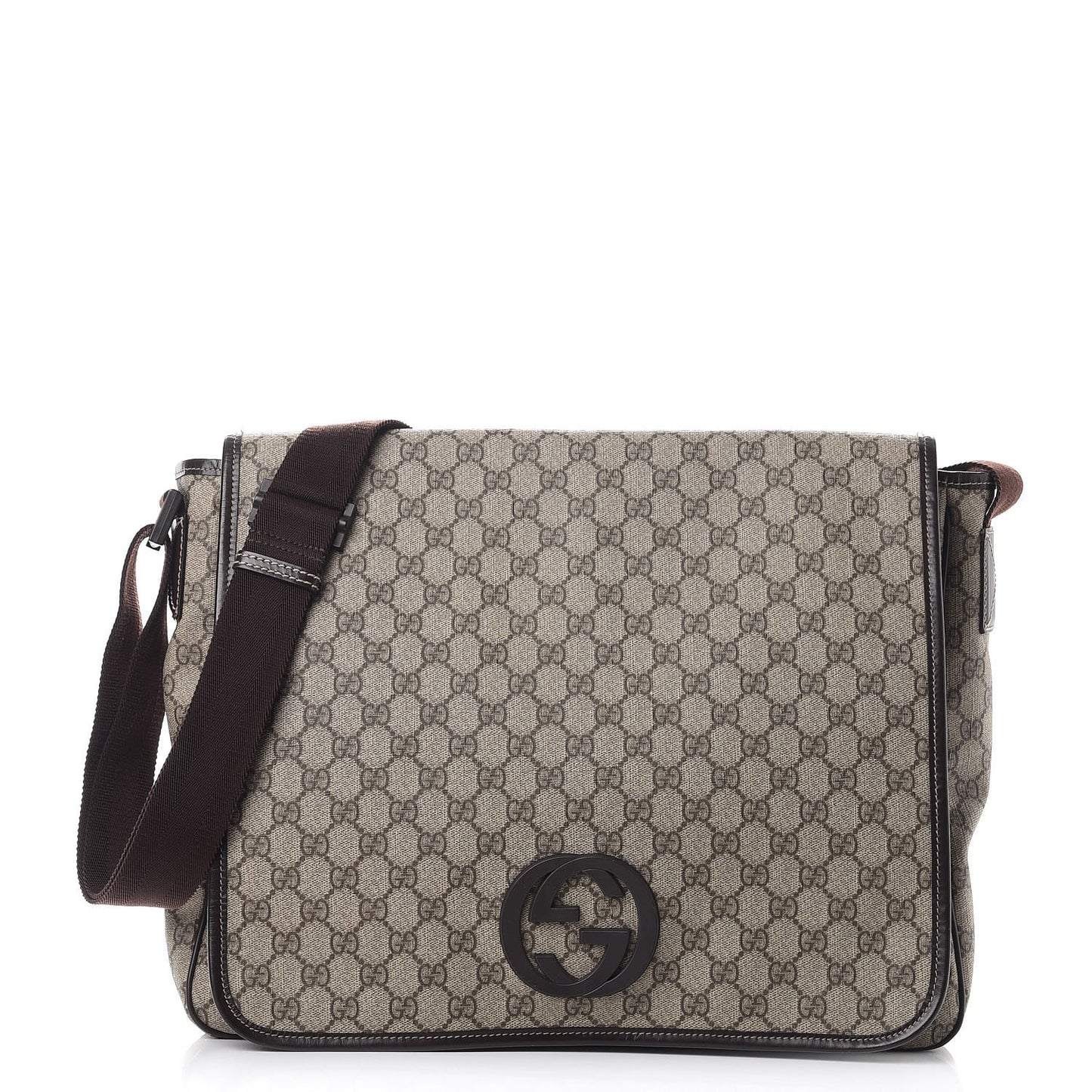 GG Plus Monogram Large Interlocking G Flap Messenger Bag Beige Dark Brown