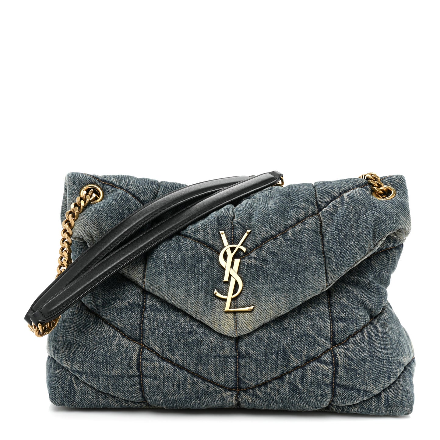 Denim Quilted Medium Loulou Puffer Monogram Chain Satchel Blue Black