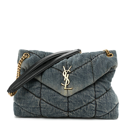 Saint Laurent Denim Quilted Medium Loulou Puffer Monogram Chain Satchel Blue Black 1 of 14