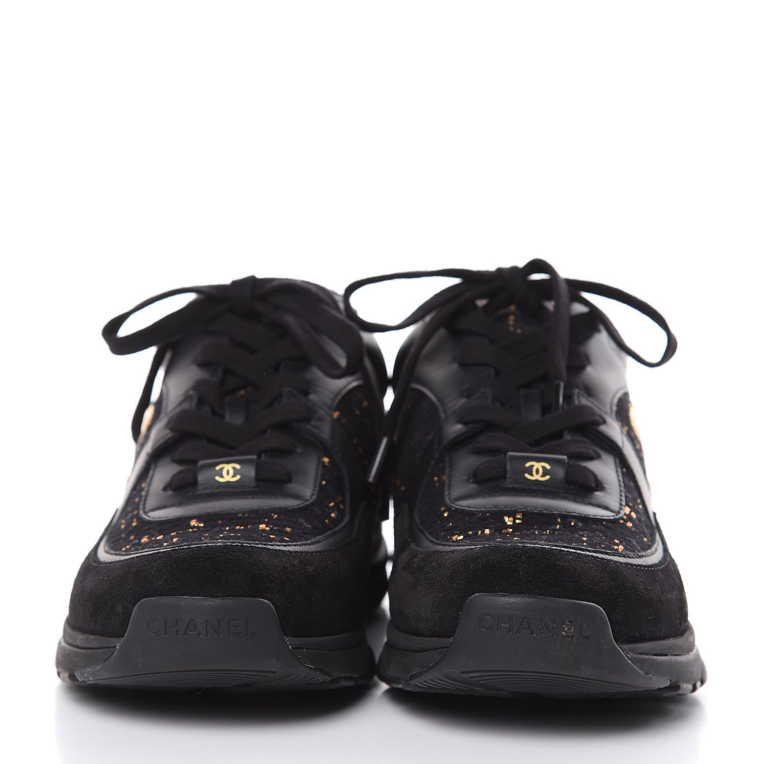 Chanel Suede Tweed CC Sneakers 38.5 Black Gold 2 of 8