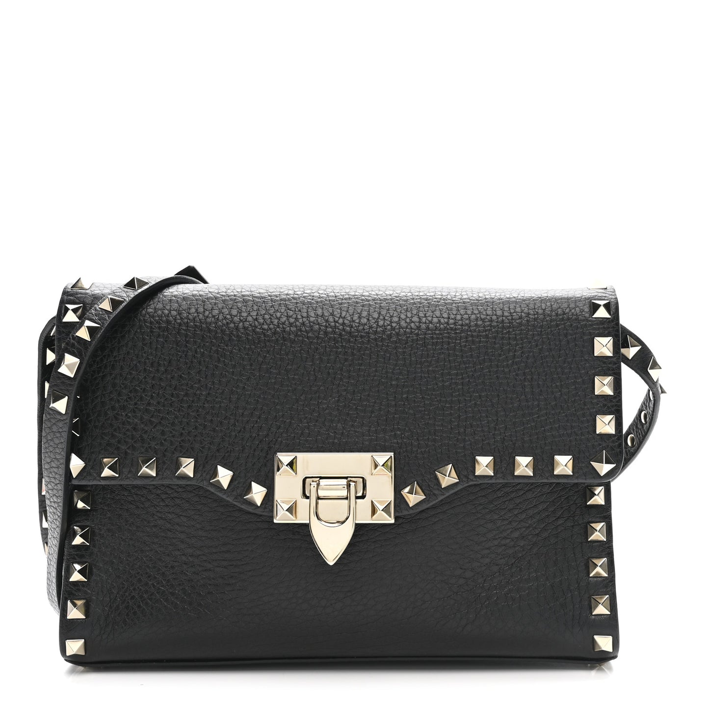 Pebbled Calfskin Medium Rockstud Flip Lock Crossbody Bag Black