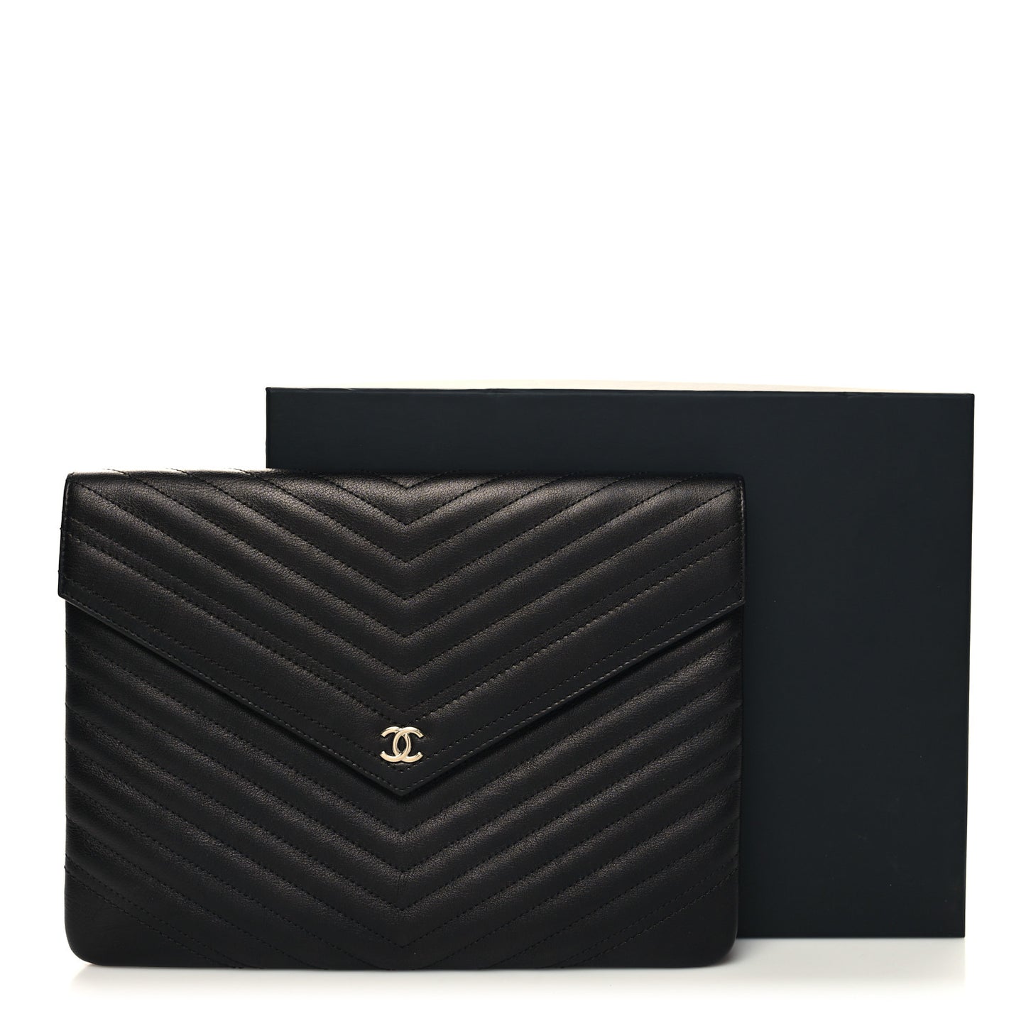 Calfskin Chevron Quilted Small Envelope Clutch Black