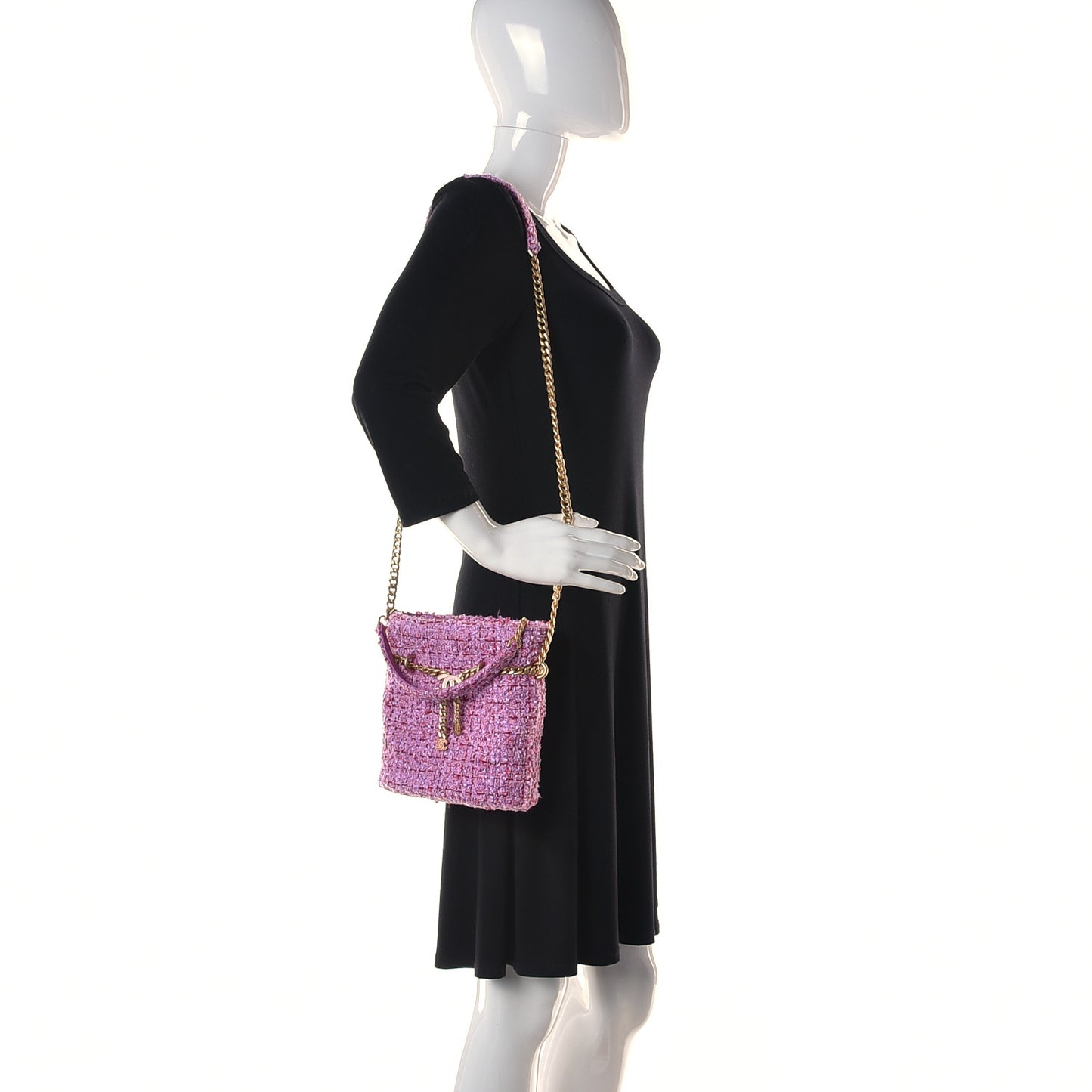 Tweed Enamel Quilted Pending CC Bucket Drawstring Bag Light Purple Pink Red