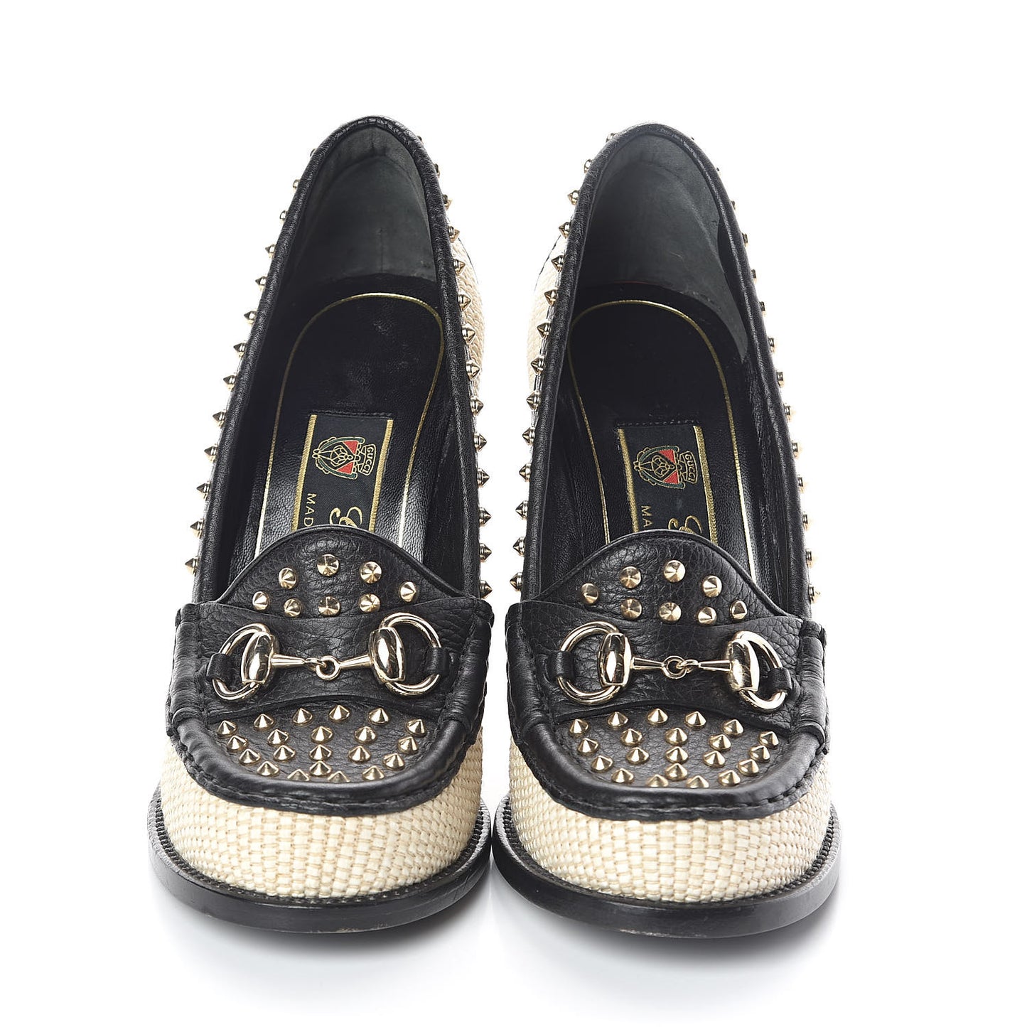 Calfskin Canvas Studded Horsebit Alyssa Pumps 35.5 Black Ivory