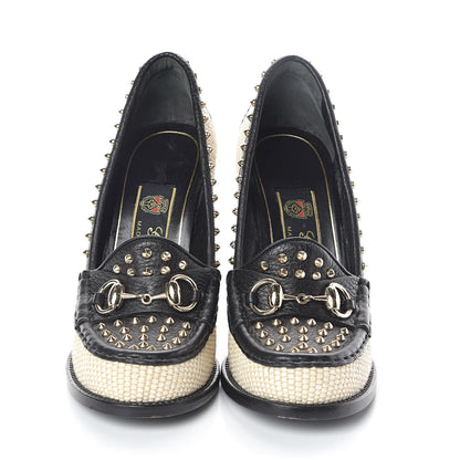 Gucci Calfskin Canvas Studded Horsebit Alyssa Pumps 35.5 Black Ivory 2 of 7