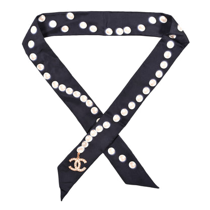 Chanel Silk Pearl CC Slim Bandeau Scarf Dark Navy 1 of 3