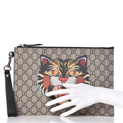 Gucci GG Supreme Monogram Angry Cat Zip Wristlet Pouch Beige 2 of 8