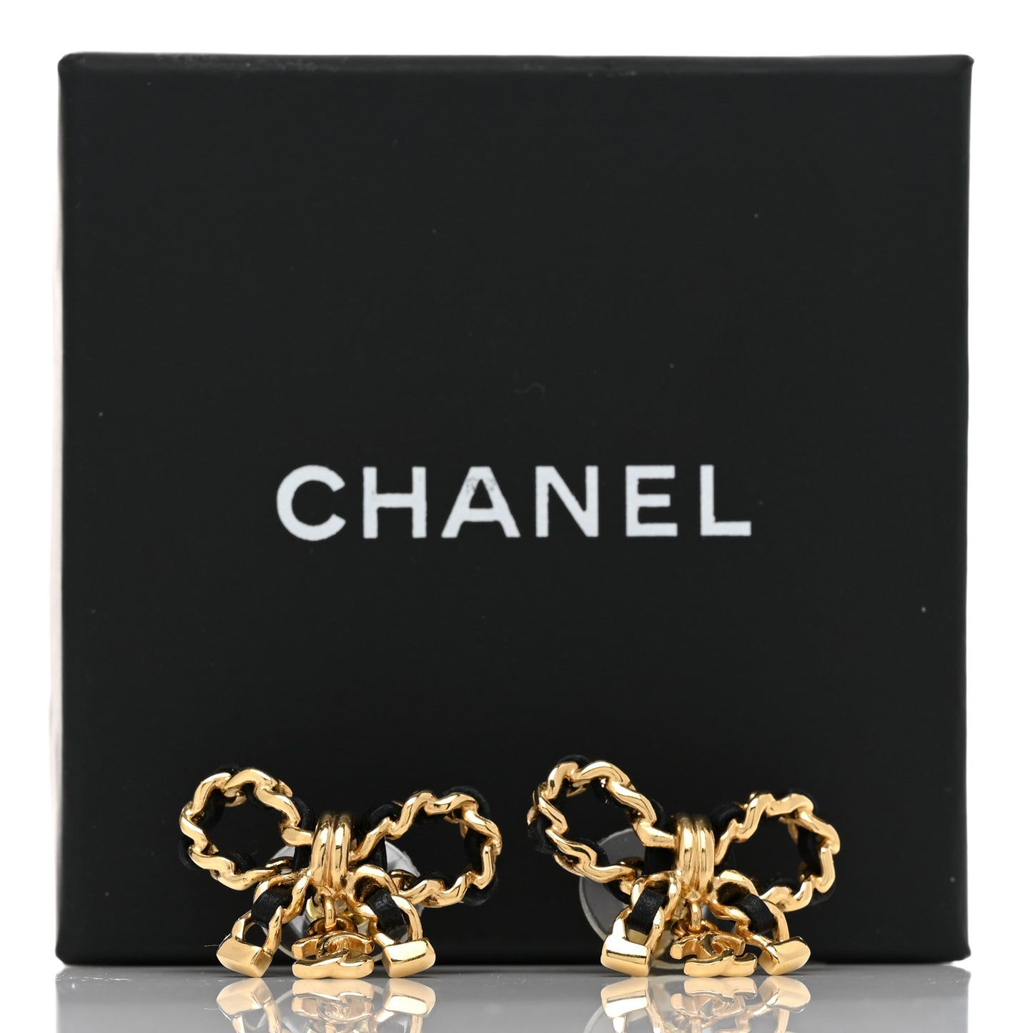 Lambskin Chain Bow Stud Earrings Black Gold
