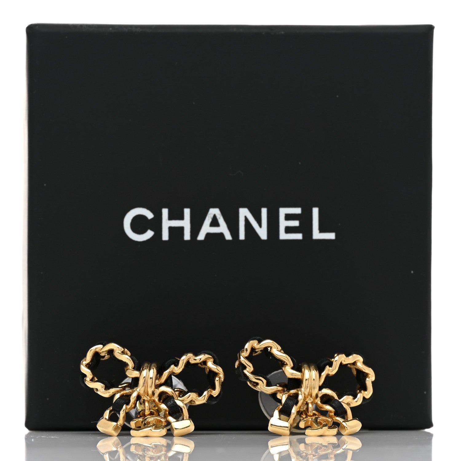 Chanel Lambskin Chain Bow Stud Earrings Black Gold 5 of 5