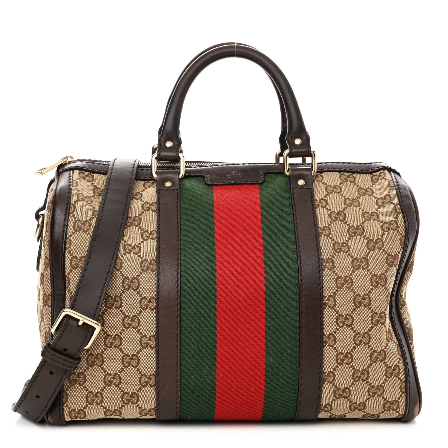 Gucci Monogram Selleria Calfskin Vintage Web Medium Boston Beige Ebony Cocoa 1 of 21