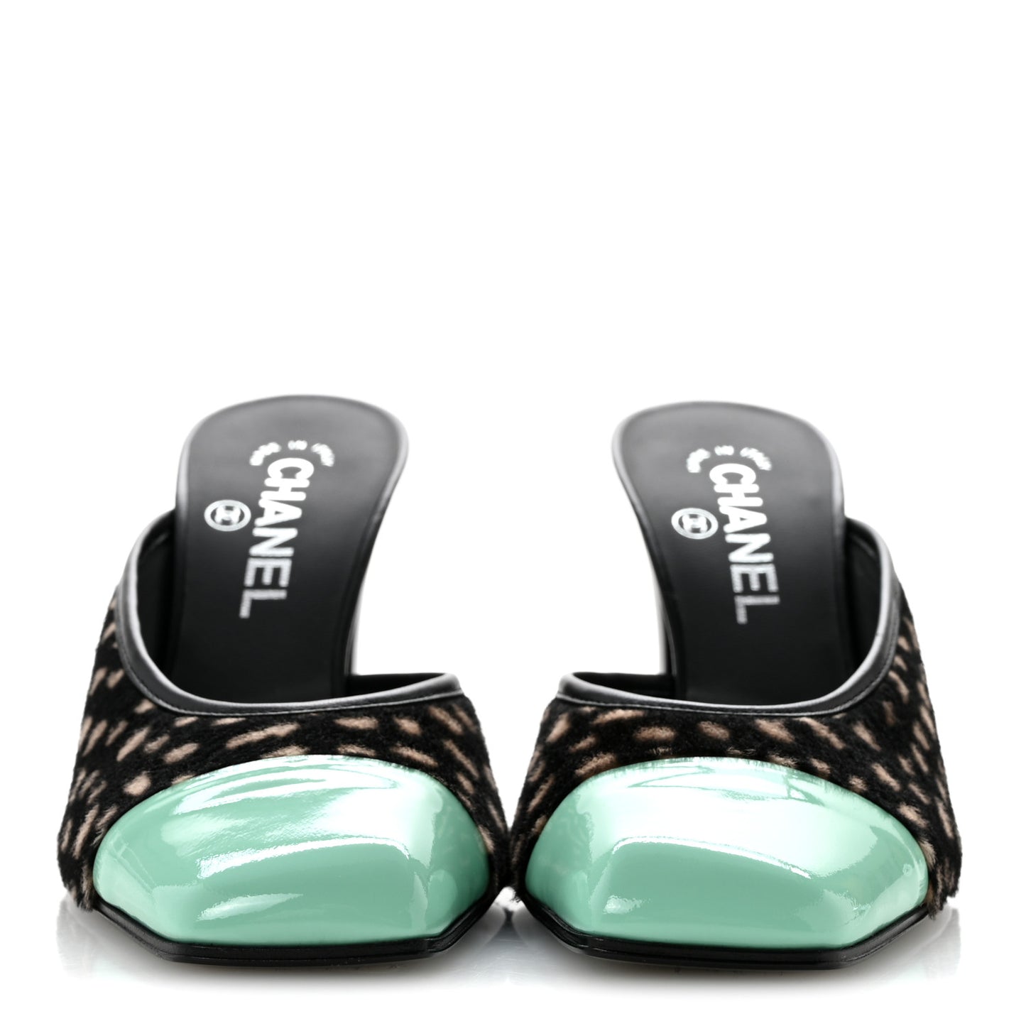 Pony Hair Lambskin Patent Cap Toe Mules 37 Black White Green