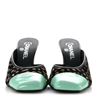 Chanel Pony Hair Lambskin Patent Cap Toe Mules 37 Black White Green 3 of 10